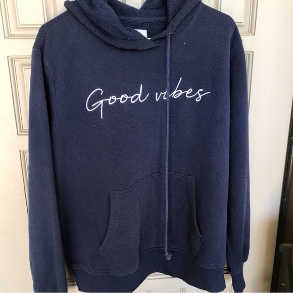 Good Vibes Hoody Kangaroo Pocket Navy SzL Drawstring Pullover Banded Cuffs/Hem - Picture 1 of 10